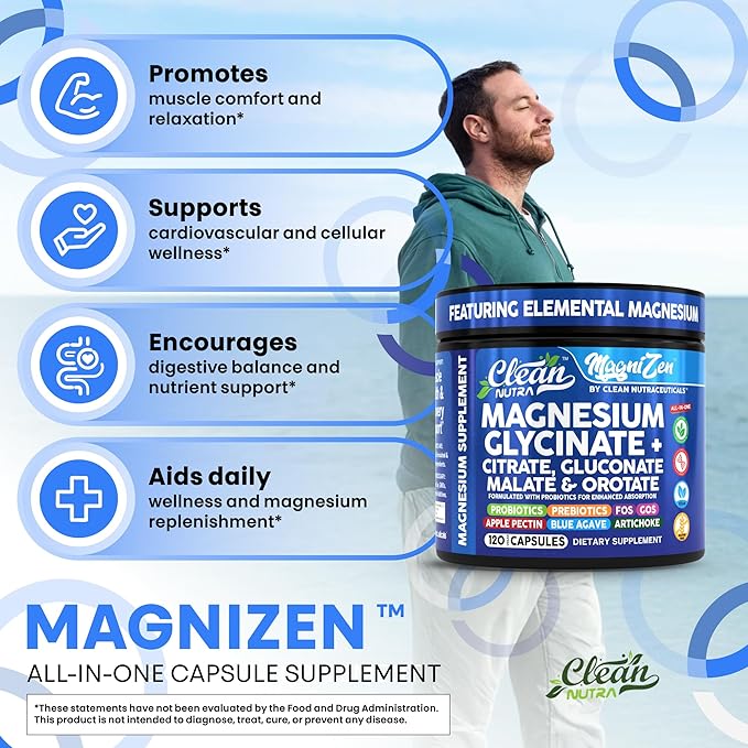 Clean Nutra Magnesium Glycinate Citrate Malate Orotate Taurate Supplement Complex + 10 Strain Probiotic Prebiotics FOS GOS Inulin Sleep Calm Support Apple Pectin – 120 Vegan Capsules