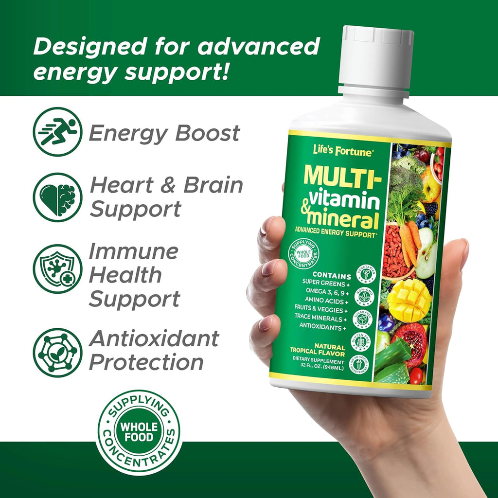 Life's Fortune Liquid Multivitamin for Adults Men & Women, Teens – High Absorption Daily Vitamins – Trace Minerals, Amino Acids with Biotin, L-Arginine, Potassium – Tropical Flavor, Sugar Free, 32 oz