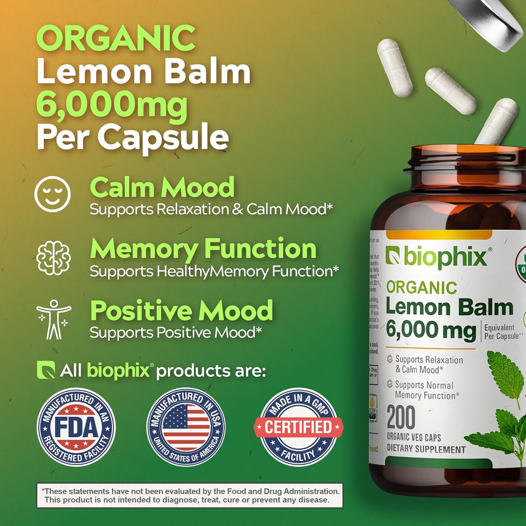 biophix Lemon Balm Capsules USDA Organic 20:1 Extract 300 mg 200 Veggie Caps - Cognitive Health Stress Sleep Mood Support Natural Herbal Supplement
