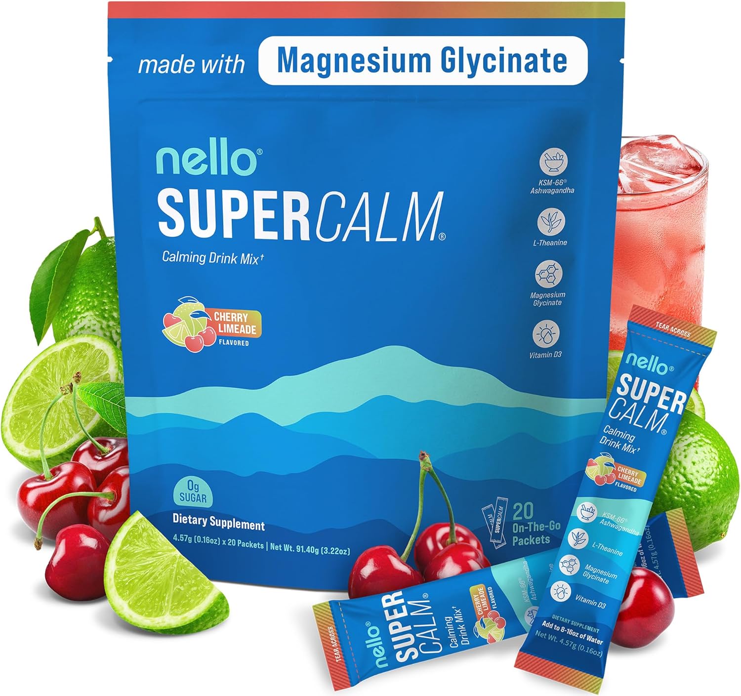 Supercalm Drink Mix - Ashwagandha KSM 66, Magnesium Glycinate & L-Theanine Supplement - Ashwagandha Root Extract - Focus and Relaxation Support (20 Travel Packets) - Cherry Limeade