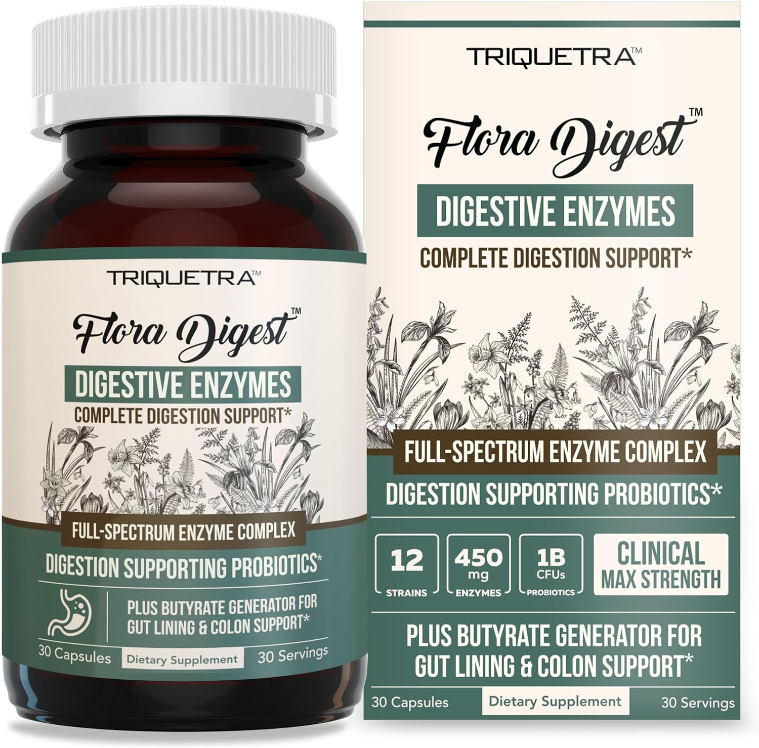 Flora Digest - 3-in-1 Max Strength Digestive Enzymes + Gut Surviving Probiotics & ButyraGen® Postbiotic for Optimal Digestion, Bloating Relief, Regularity, Gut Lining & Colon Support - (30 Capsules)