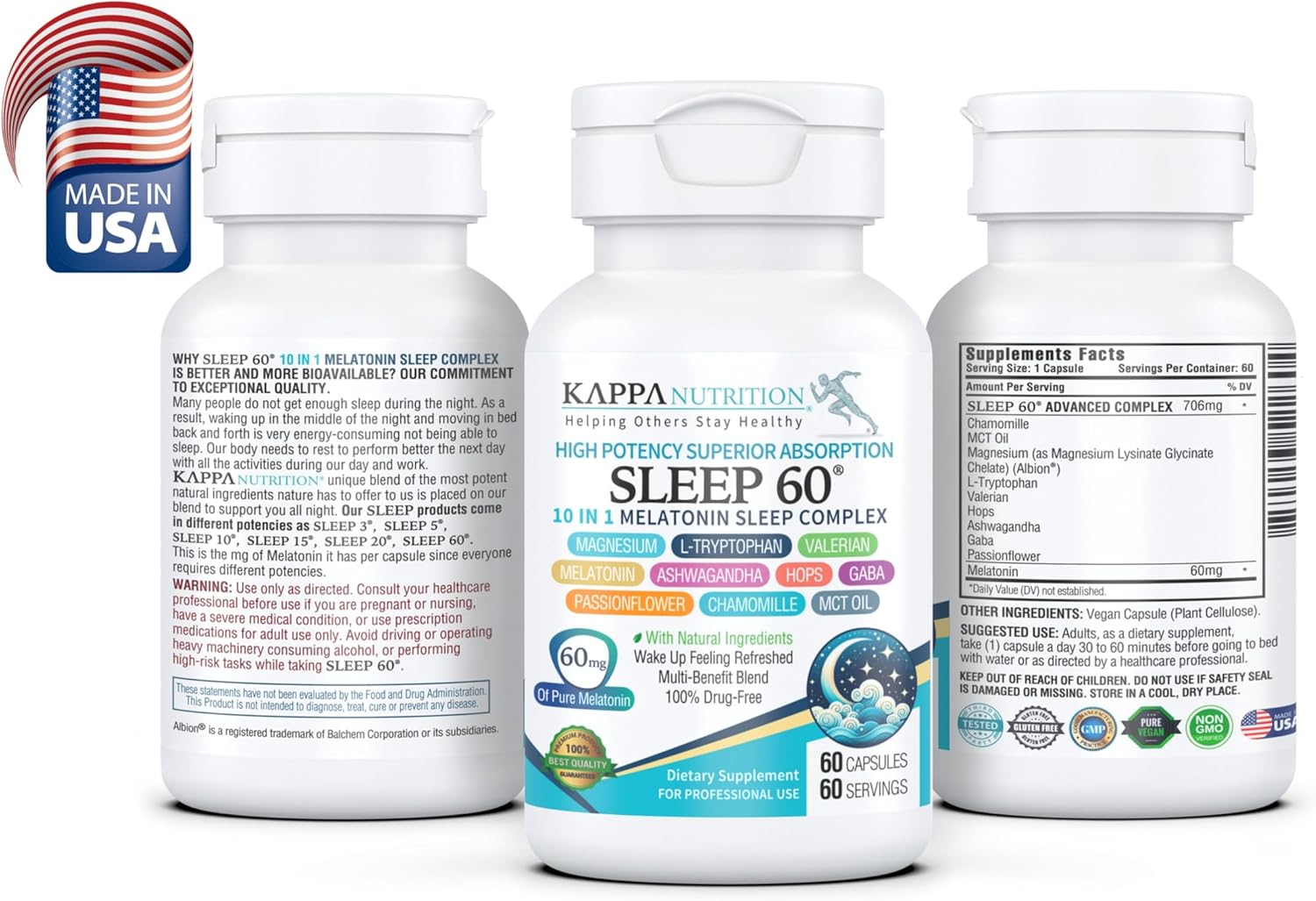 KAPPA NUTRITION Sleep 60, Sleep Aid, 60mg of Melatonin, 60-Day Supply, Non-Habit Forming Vegan Capsules Natural Ingredients for Easier Bedtime, Herbal Supplement, Valerian Root, Chamomile Non-GMO