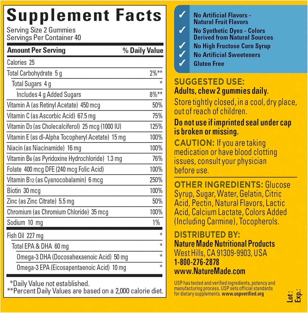 Nature Made Mens Multivitamin Gummies with Omega-3, Mens Gummy Multivitamins for Daily Nutritional Support, 80 Gummy Vitamins and Minerals, 40 Day Supply