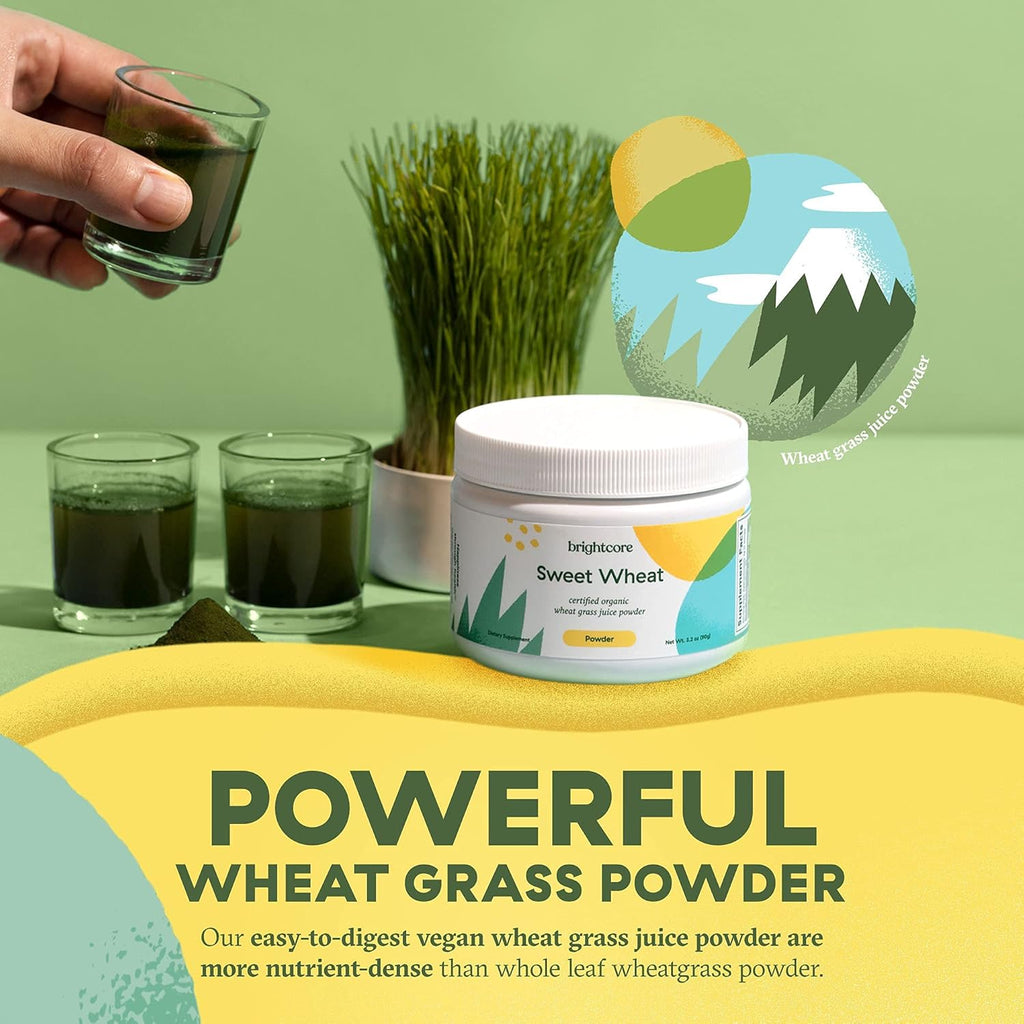 Brightcore Nutrition Sweet Wheat Wheatgrass Juice Powder, Easy-to-Mix Athletic Greens Powder for Digestive Health and Immune Boost, All-Natural Super Greens, 90 Grams