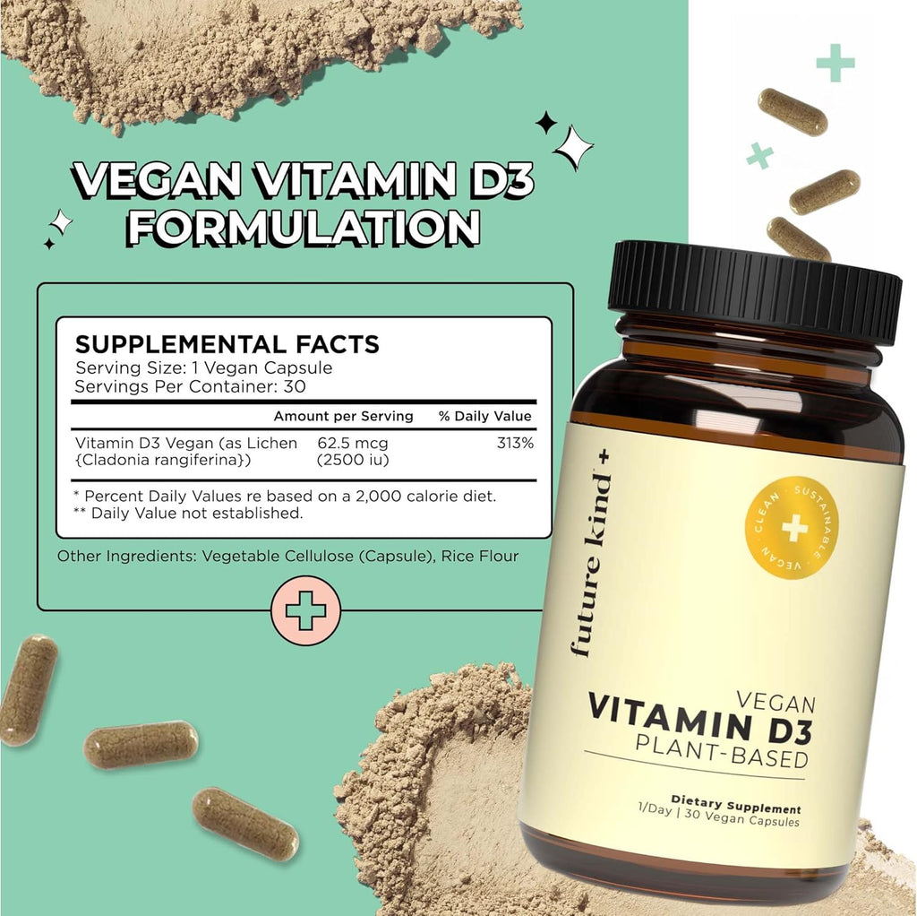 Future Kind Vegan Vitamin D3-2500 IU Plant-Based Supplement for Cell & Immune Support - Sugar-Free, Lichen-Based Vitamin D (30 Softgels in Glass Bottle)