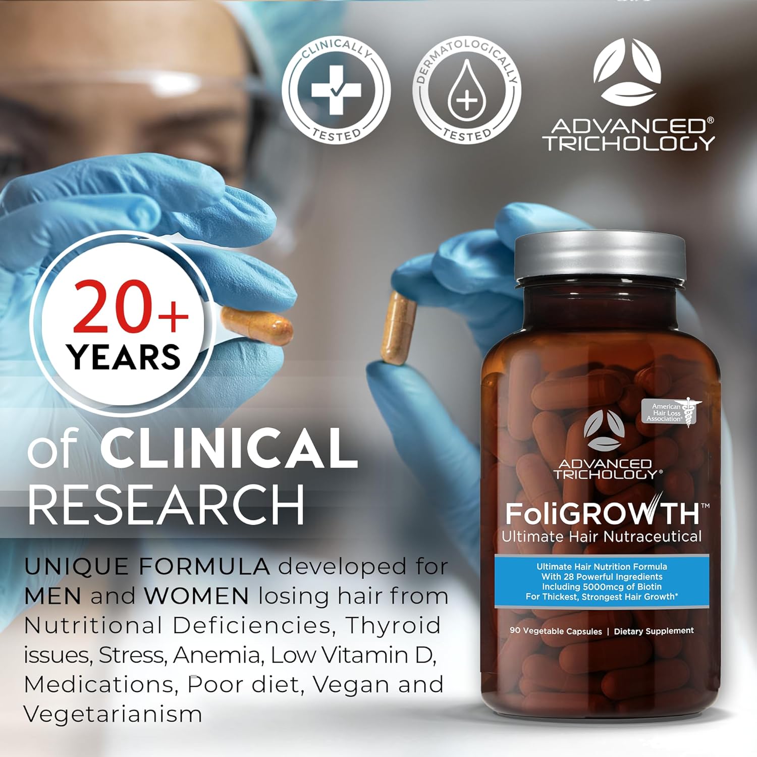 Advanced Trichology FoliGROWTH™ Hair Growth Supplement for Thicker Fuller Hair | Approved* by the American Hair Loss Association | Revitalize Thinning Hair - 90 Count (Pack of 1)