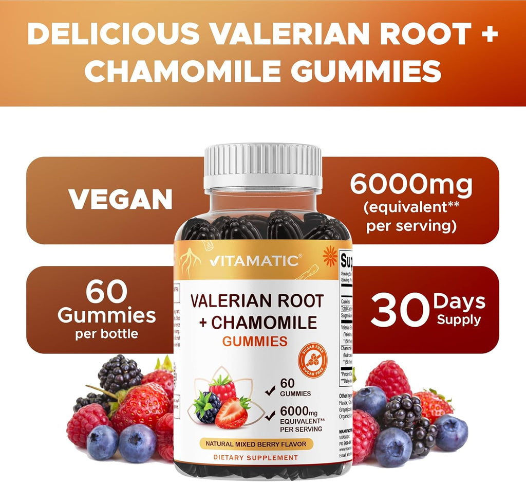 Vitamatic Valerian Root Chamomile Gummies – 6000 mg Equivalent Per Serving – Mixed Berry Flavor – 60 Gummies – Non-GMO, Gluten-Free – 30 Servings