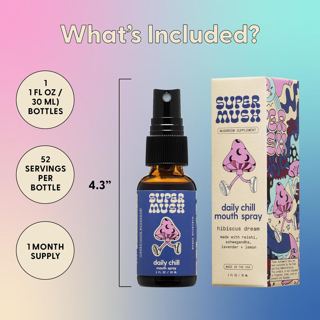 Daily Chill Mouth Spray - Mushroom Spray Supplement Reishi - Hibiscus & Ashwagandha Mixed Mushrooms Extract Pure Liquid Sprays - Stress Relief, Relaxing & Calming - 30ml Organic Lion’s Mane