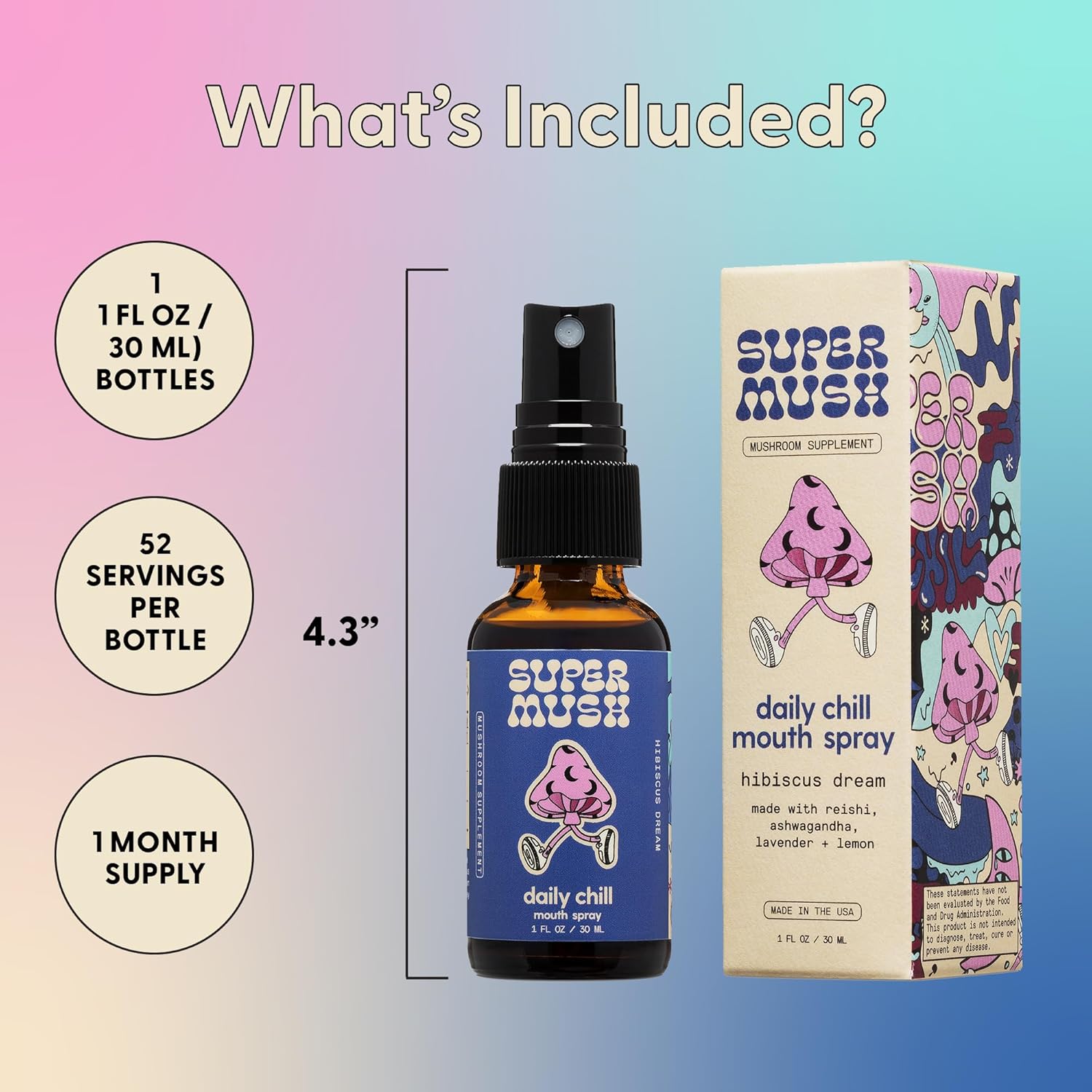 Daily Chill Mouth Spray - Mushroom Spray Supplement Reishi - Hibiscus & Ashwagandha Mixed Mushrooms Extract Pure Liquid Sprays - Stress Relief, Relaxing & Calming - 30ml Organic Lion’s Mane