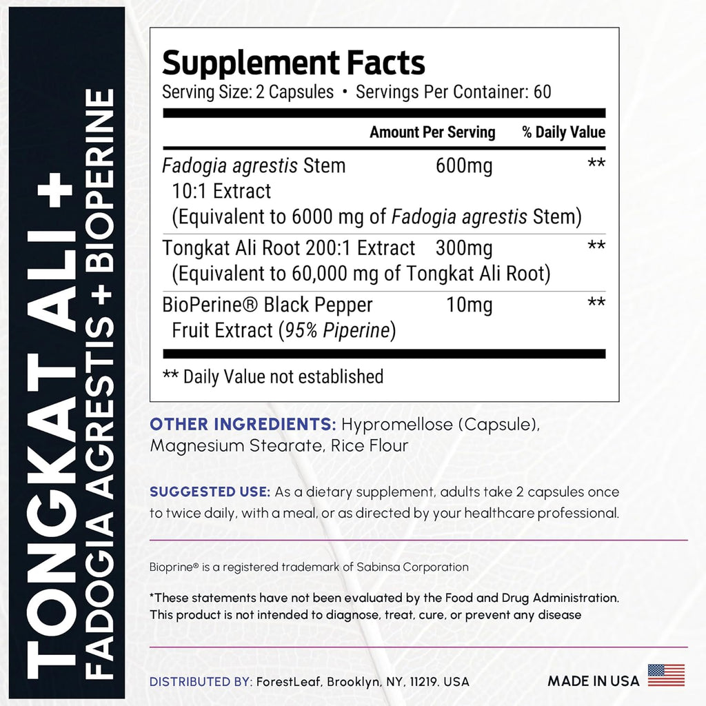 Tongkat Ali and Fadogia Agrestis for Men Supplement w/BioPerine - Tonkat-Ali Max Strength 200:1 Extract - Long Jack Tongkat-ali for Men - Muscle Growth, Performance & Energy - 120 Powder Capsules