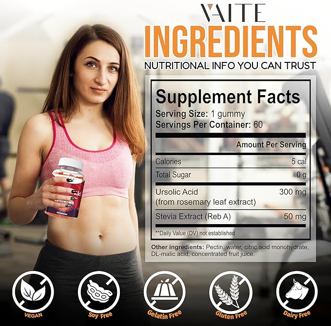 Ursolic Acid Supplement 300mg Vegan Gummies for Men & Women - Vegetarian Plant-Based Supplement for Strength, Endurance & Cellular Support, Joint-Friendly, Non-GMO, Gluten-Free, Soy-Free, 60 Chewables
