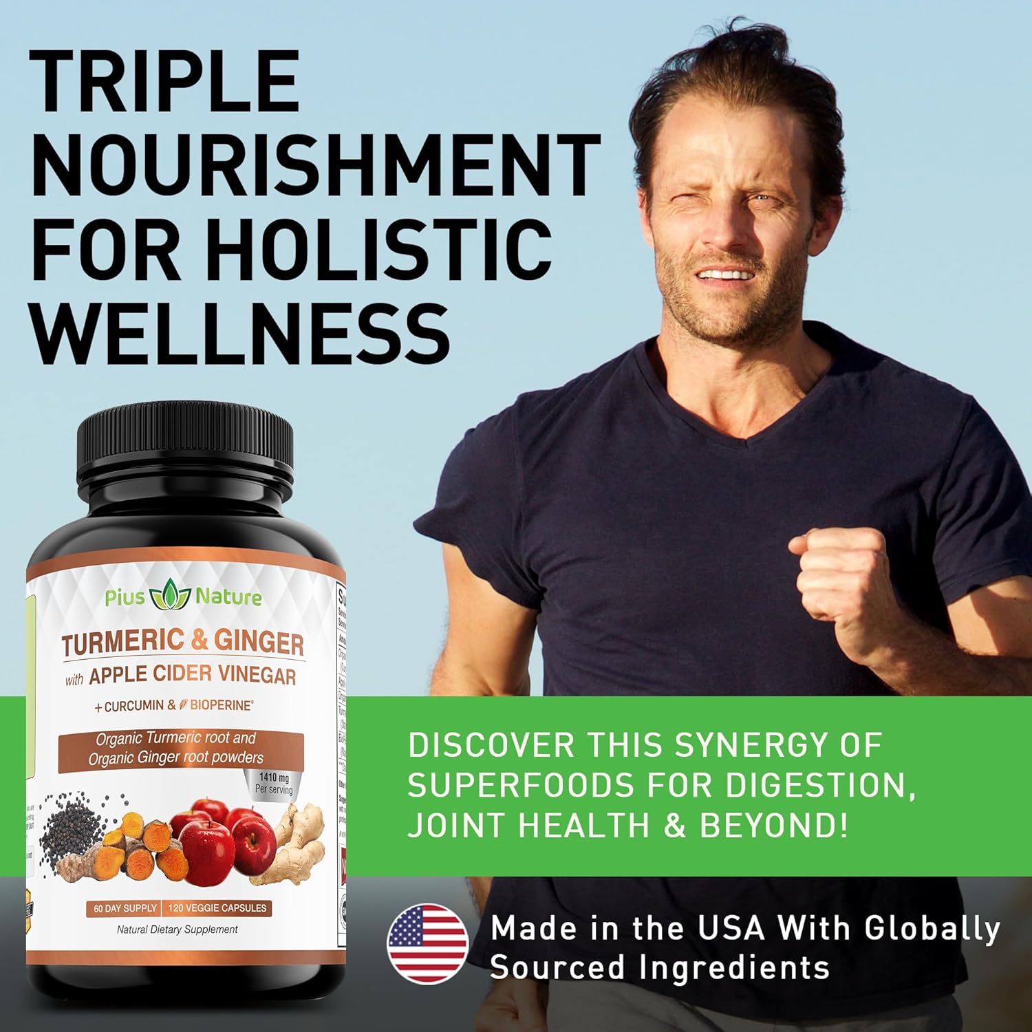 120 Capsules of USDA Organic Turmeric Root Powder, USDA Organic Ginger Powder and Apple Cider Vinegar Powder with Curcumin (95% Curcuminoids) and Bioperine, 1410 mg per Serving in Veggie Capsules