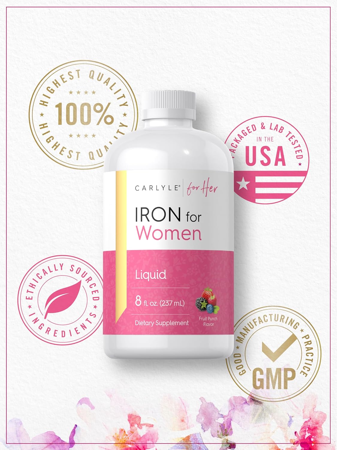 Carlyle Liquid Iron Supplement for Women | 8 fl oz Drops | Fruit Punch Flavor | Vegetarian, Non-GMO, Gluten Free
