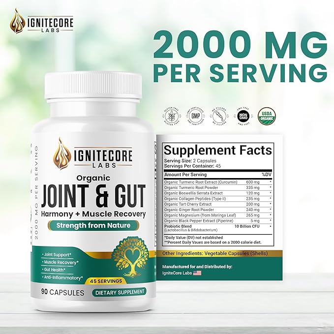 Organic Joint & Gut Harmony – Turmeric, Ginger, Collagen, Magnesium & Probiotics Blend – Plant-Based Daily Supplement – 90 Vegetable Capsules Made for General Well-Being and Everyday Support