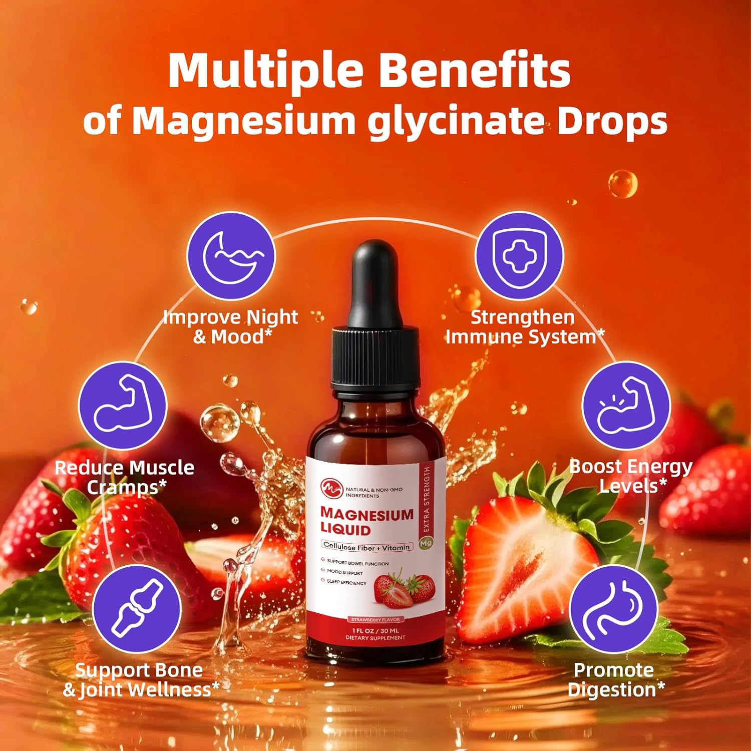 M inch Magnesium Glycinate Liquid, High Absorption Magnesium Liquid Drops with Cellulose Fiber, Bromelain, Vitamin B6, C, D, Zinc, Magnesium Supplement for Kids and Adults, Strawberry Flavor, 2 Pack
