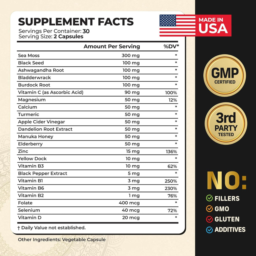 Alpha Tribe Multivitamin for Men with Seamoss Black Seed Oil Ashwagandha Burdock Root, Turmeric Bladderwrack, Vitamin C, Elderberry, Manuka, Yellow Dock | Daily Men's Vitamins and Minerals Supplement