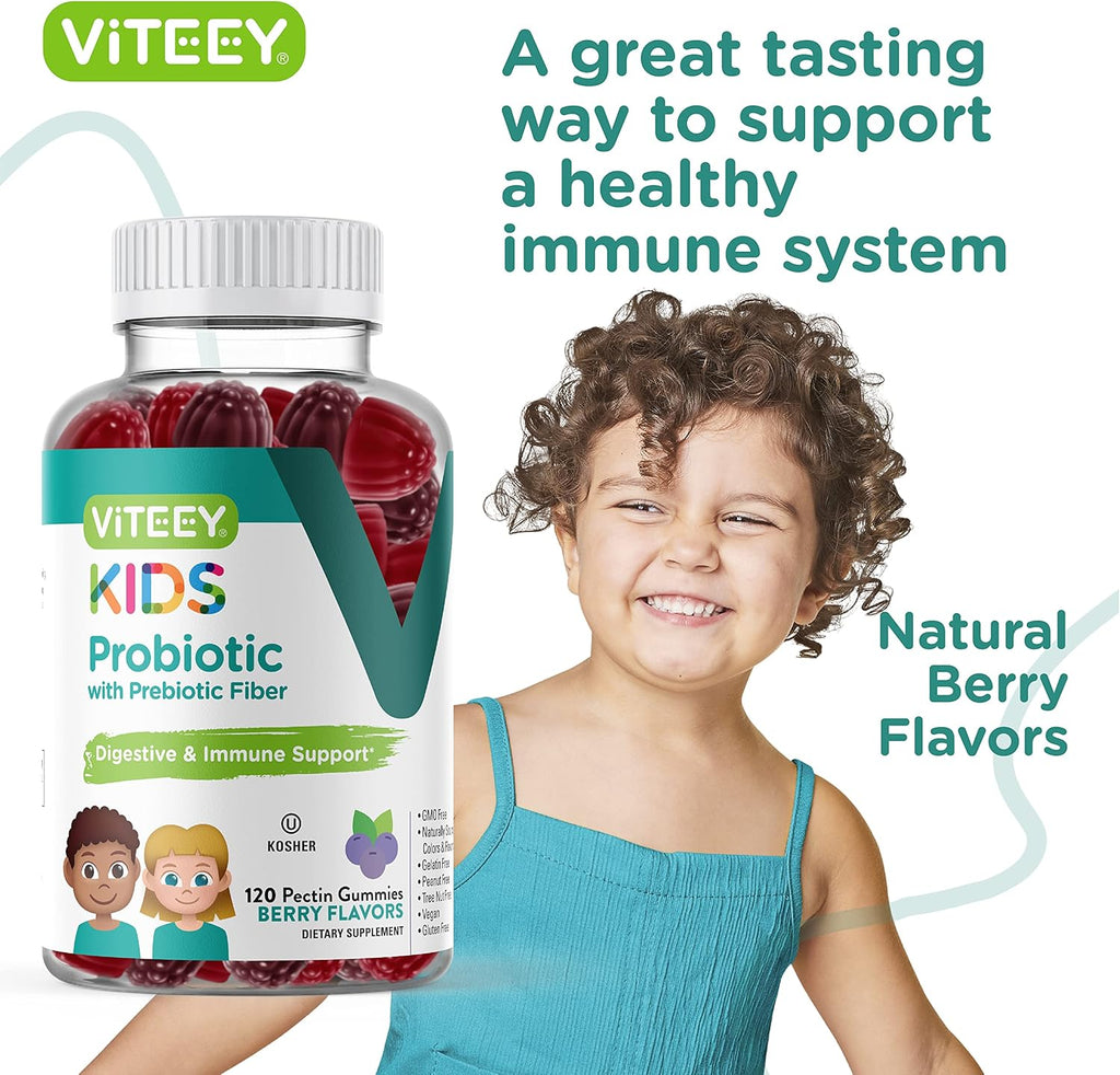 Viteey Probiotic Gummies for Kids Plus Prebiotics Fiber - 2 Billion CFUs - Digestive Health,Gut Health, Constipation Relief for Kids Support - Vegan, Gelatin Free - Chewable Probiotic Berry Flavored