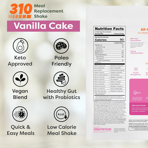 310 Nutrition All-In-One Meal Replacement Shake Powder - Plant-Based Protein Smoothie Blend w/High Fiber, Probiotics & Adaptogens - Low Carb, Vegan, Keto & Paleo Friendly - Vanilla Cake - 28 Srv