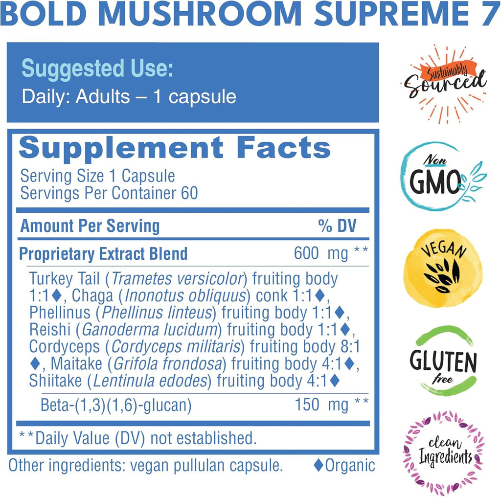 Mushroom Supreme 7 – Mushroom Supplement – Organic Extracts of Turkey Tail, Chaga, Phellinus, Reishi, Cordyceps, Maitake, Shiitake for Immune Support & Optimal Wellness, 60 Caps
