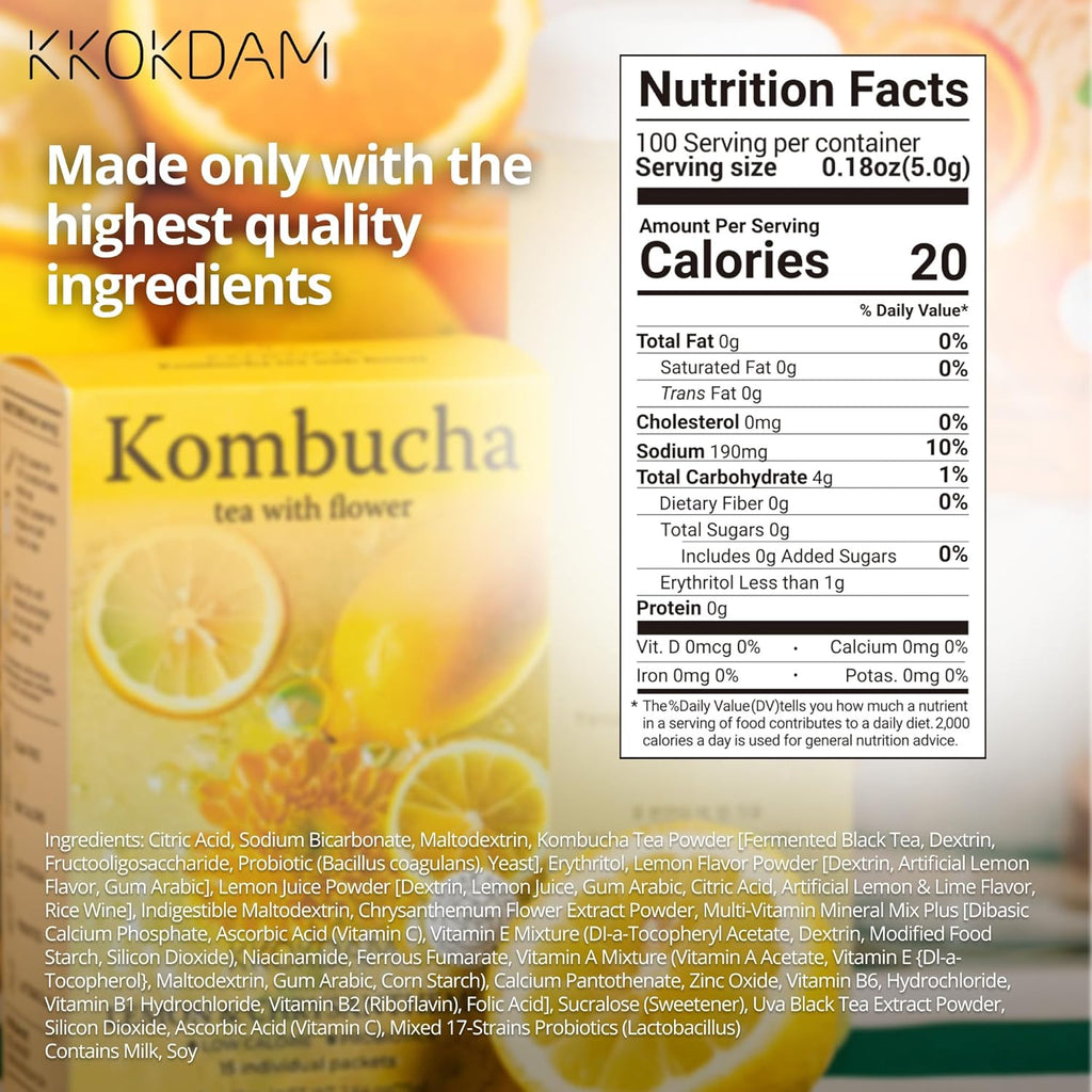 KKOKDAM Kombucha Tea - Lemon & Chrysanthemum Korean Tea - Kombucha Drinks Probiotic Support, Low Calorie, Sugar Free Kombucha Pack - 500g Bulk Pouch