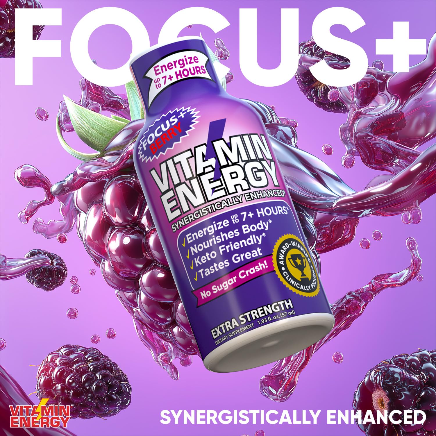 Vitamin Energy Focus+ Extra Strength Energy Shot Berry 12 Pack, 260mg Natural Caffeine, B-Vitamins, CoQ10, Amino Acids, Focus, Productivity & Clarity, Zero Sugar, Gluten-Free, 1.93 fl oz