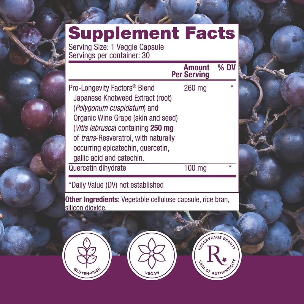 Reserveage Beauty, Resveratrol 250 mg, Antioxidant Supplement for Heart and Cellular Health, Supports Healthy Aging and Immune System, Paleo, Keto, 30 Capsules