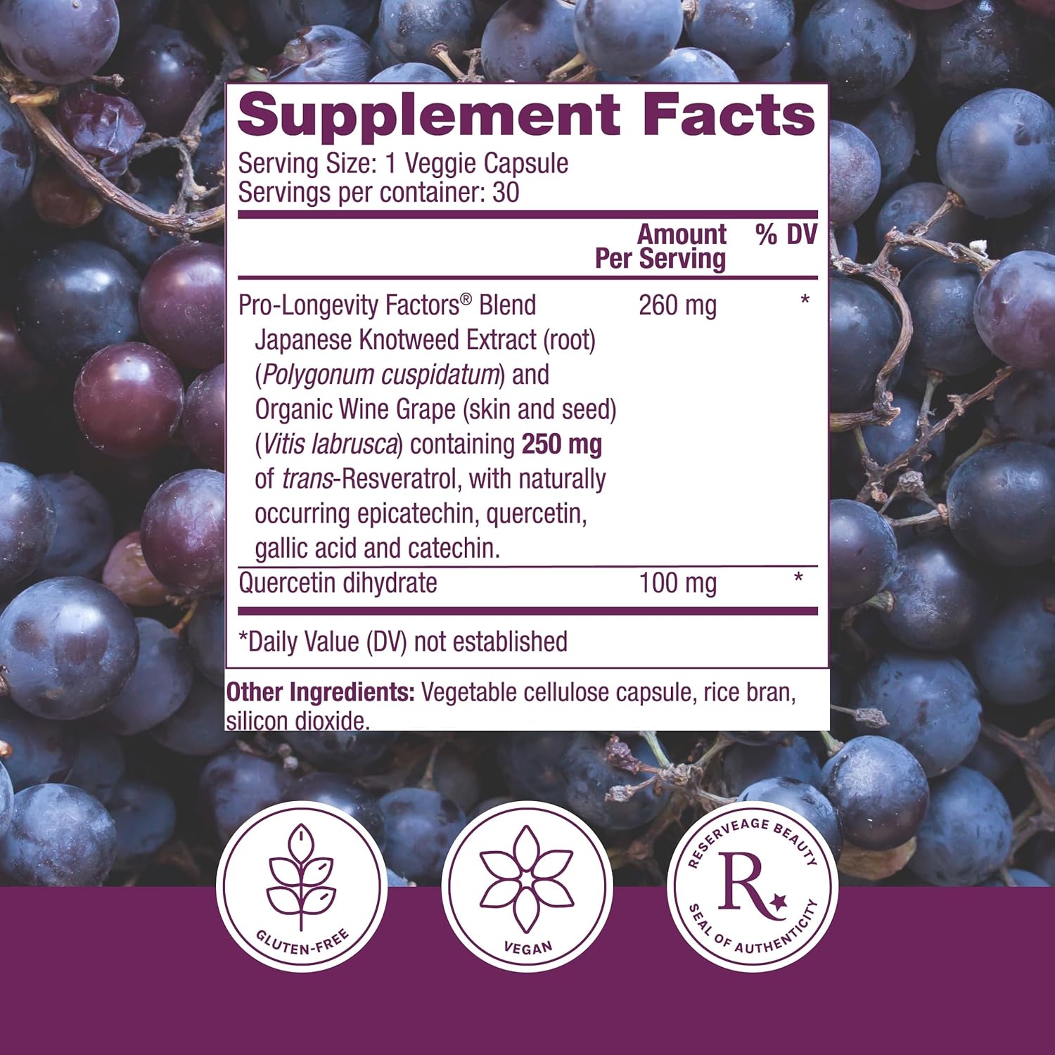 Reserveage Beauty, Resveratrol 250 mg, Antioxidant Supplement for Heart and Cellular Health, Supports Healthy Aging and Immune System, Paleo, Keto, 30 Capsules