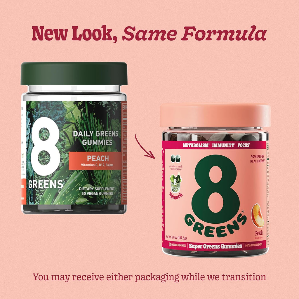 8Greens Supergreens Gummies | Super Greens Powder Superfood Gummy for Metabolism, Immunity & Focus, Digestive Health Enzymes, Organic: Chlorella, Spirulina, Aloe Vera, Peach Flavor, 100 Count