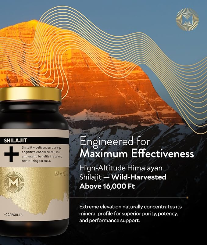 Manna Vitality Shilajit+ Capsules | 1000mg Purified Himalayan Shilajit Resin Supplement | Highest Bioavailability | Energy, Performance, Detox, Vitality, Mental Clarity & Cognitive Support | 60 Count