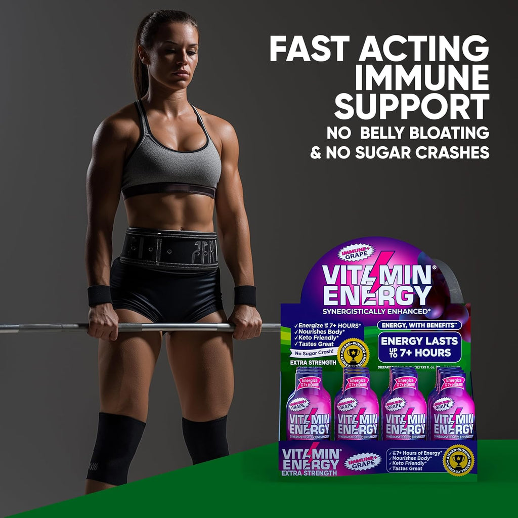 Vitamin Energy Immune+ Extra Strength Energy Shot Grape 24 Pack, 260mg Natural Caffeine, B-Vitamins, Citicoline, Green Tea, Immunity & Focus Support, Zero Sugar, Gluten-Free 1.93 fl oz