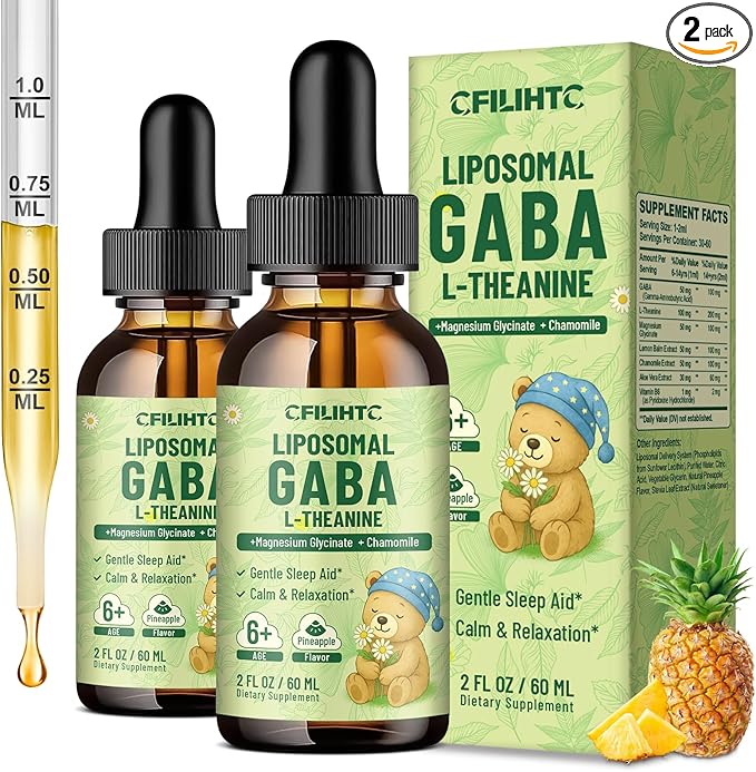 2 Pack Liposomal GABA L-Theanine Drops for Kids - Liquid GABA Supplement with Magnesium, Chamomile, Lemon Balm & Vitamin B6 - Support Relaxation, Focus & Stress Relief for Kids & Adults - Pineapple