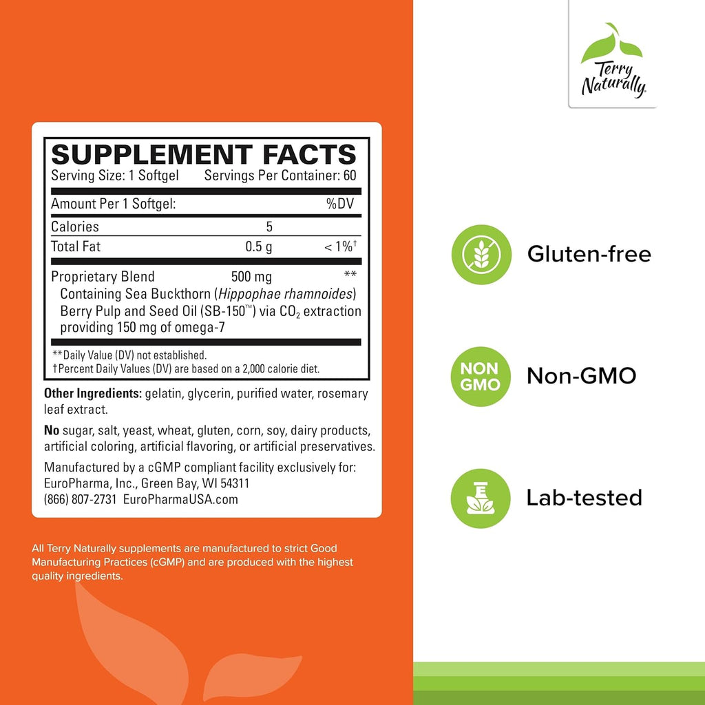 Terry Naturally Omega-7 - Dietary Supplement with Essential Fatty Acids - Nutritional Supplement to Support Skin Health with Sea Buckthorn, Berry Pulp & Seed Oil - 60 Softgels