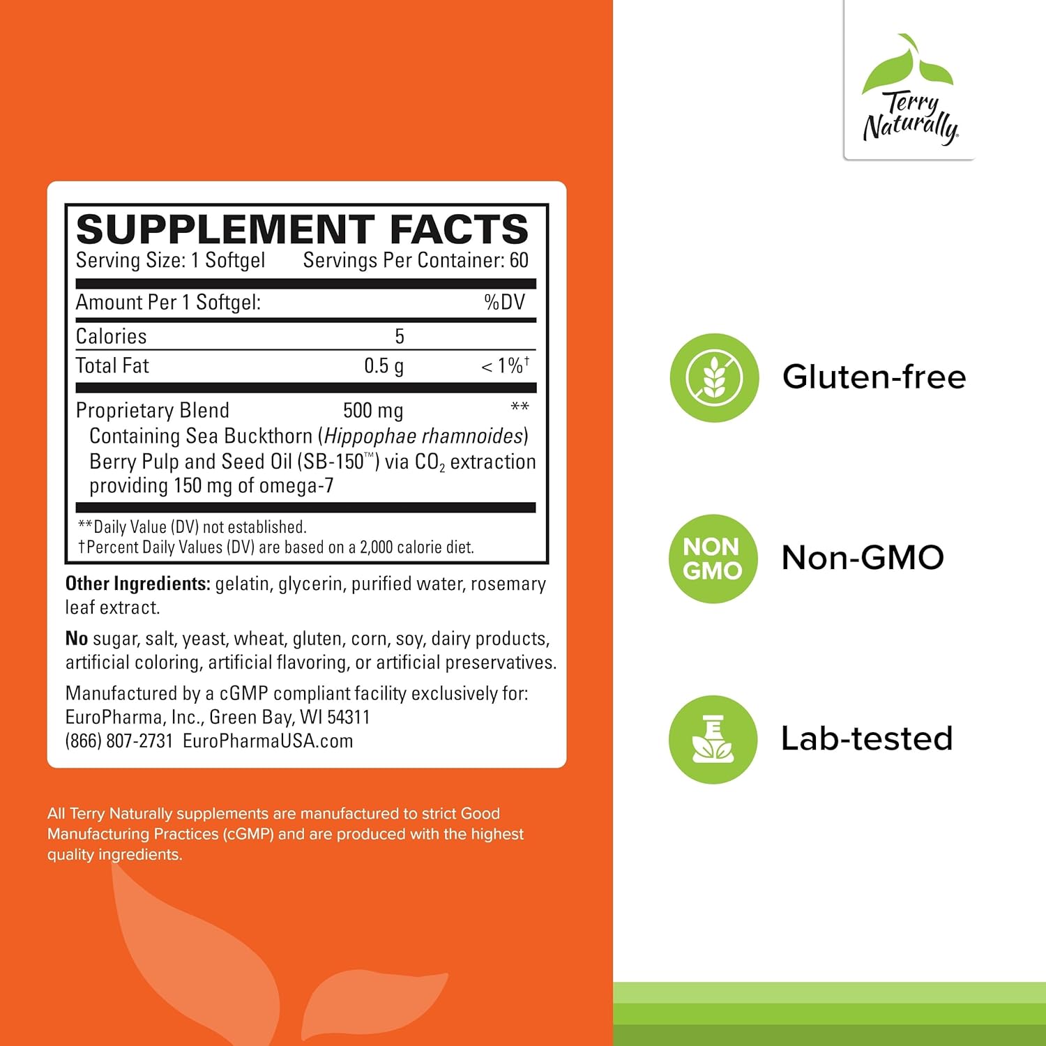 Terry Naturally Omega-7 - Dietary Supplement with Essential Fatty Acids - Nutritional Supplement to Support Skin Health with Sea Buckthorn, Berry Pulp & Seed Oil - 60 Softgels