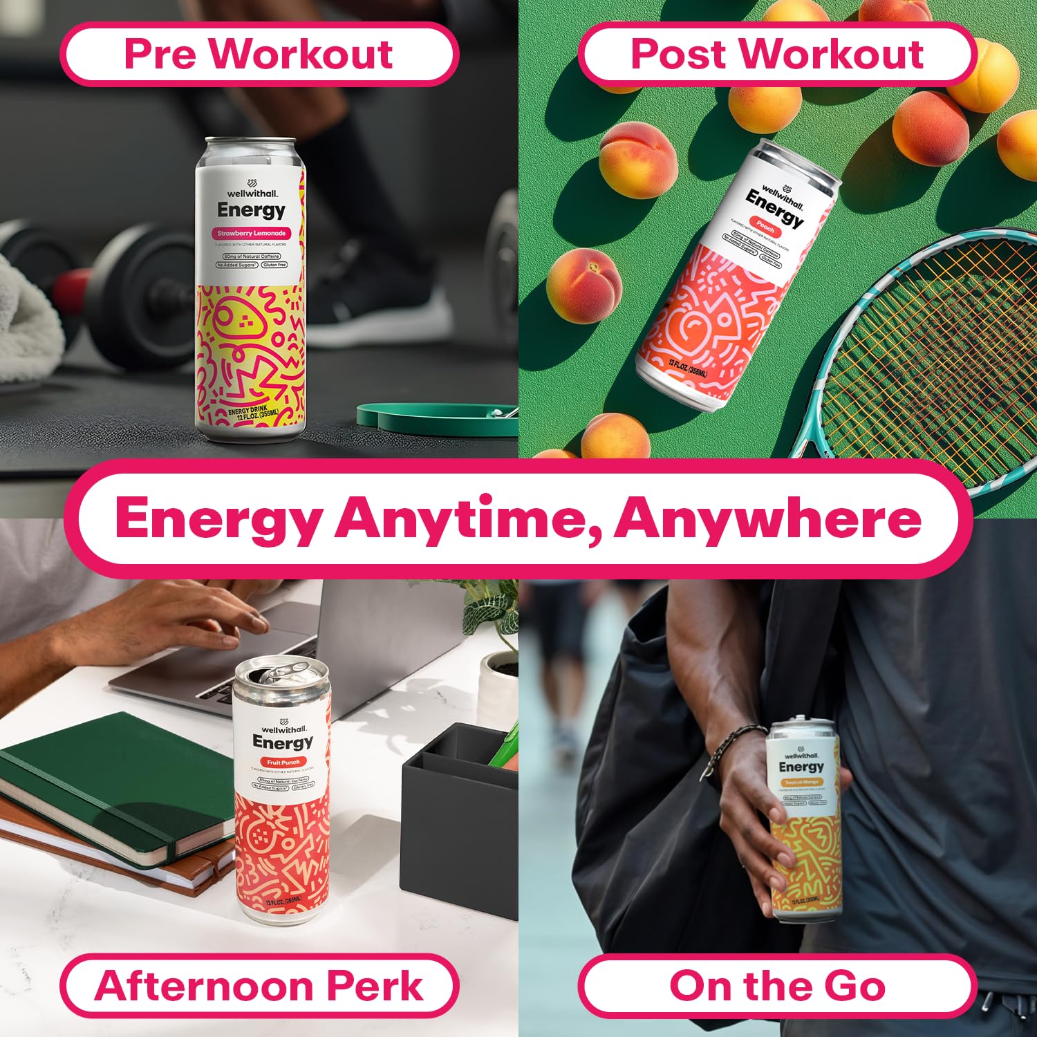 WellWithAll Strawberry Lemonade Energy Drink – Caffeine from Tea – With Vitamin C – Lightly Sparkling Beverage – Fruit & Veggie Juice Blend – 12 Oz (Pack of 12)