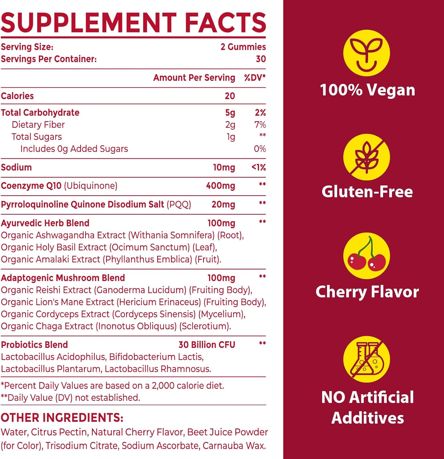 CoQ10 Gummies with PQQ - 400 MG Coenzyme Q10 High Potency, Enhanced with Ayurvedic Herbs, Adaptogenic Mushroom Blend & Probiotics for Heart, Brain, Energy, Immunity, Cherry Flavor, 60 Vegan Gummies