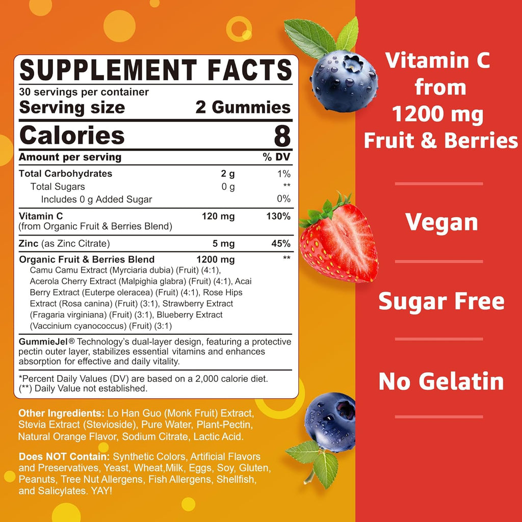 2 Pack - Organic Vitamin C Gummies 120mg for Adults, Sugar Free, Daily Immune Defense, Raw Antioxidant, 100% Whole Food Chewable Vitamin C Supplement from 1200mg Berries & Fruits for Collagen, Vegan