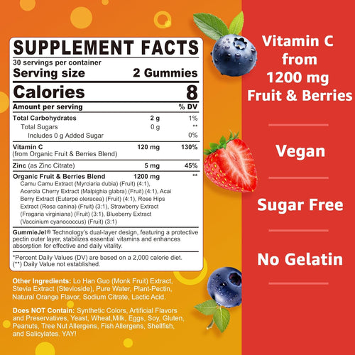 2 Pack - Organic Vitamin C Gummies 120mg for Adults, Sugar Free, Daily Immune Defense, Raw Antioxidant, 100% Whole Food Chewable Vitamin C Supplement from 1200mg Berries & Fruits for Collagen, Vegan