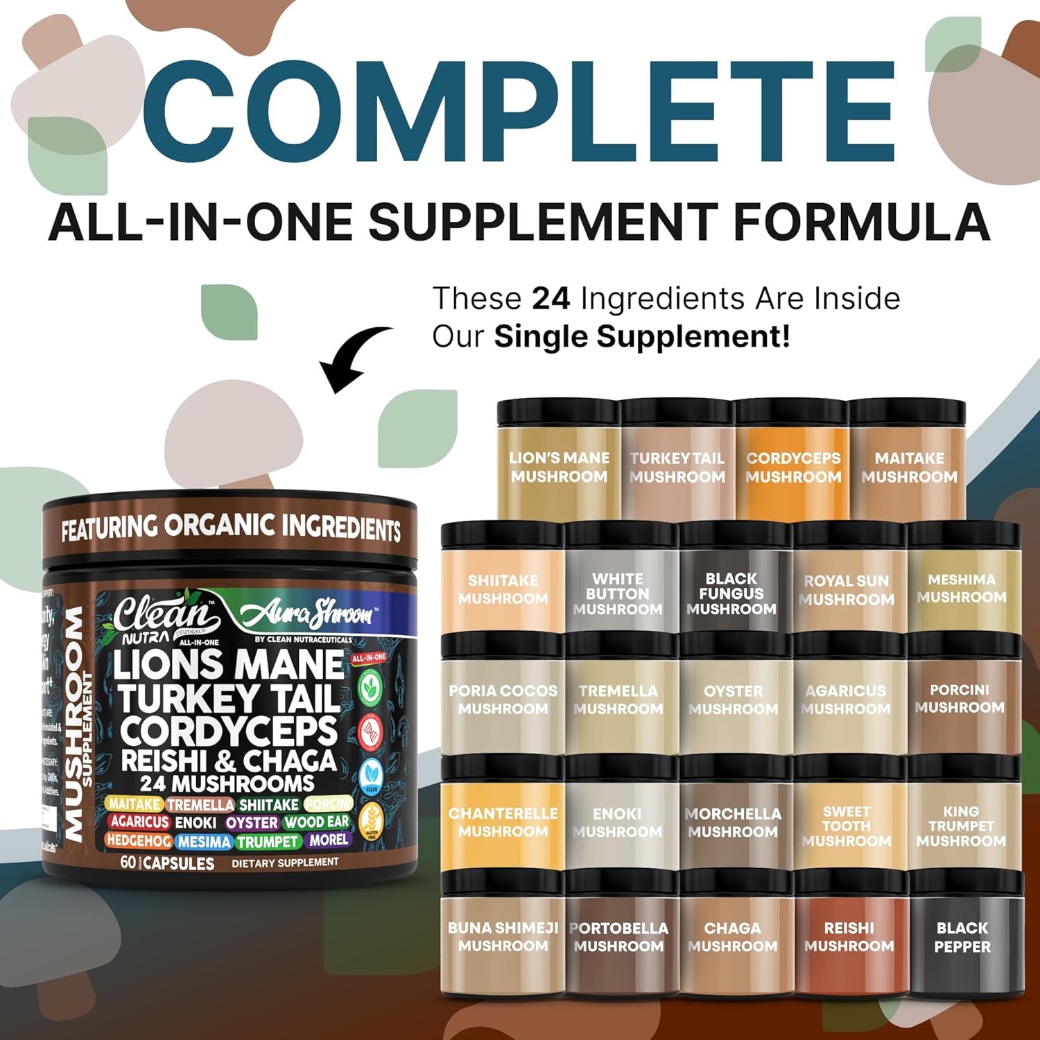 AuraShroom Mushroom Supplement Lions Mane Turkey Tail Cordyceps Reishi Shiitake Chaga Oyster Stress Relief Immune Support Nootropic Energy Portobello Mushrooms 60 Capsules by Clean Nutra