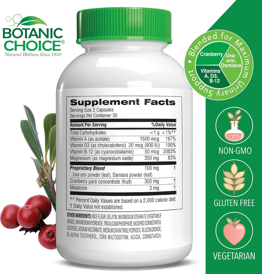 Botanic Choice Pro-Advanced Urinary Formula-Blend for Urinary Tract Health Support - Magnesium Cranberry Uva Ursi Damiana - 60 Capsules
