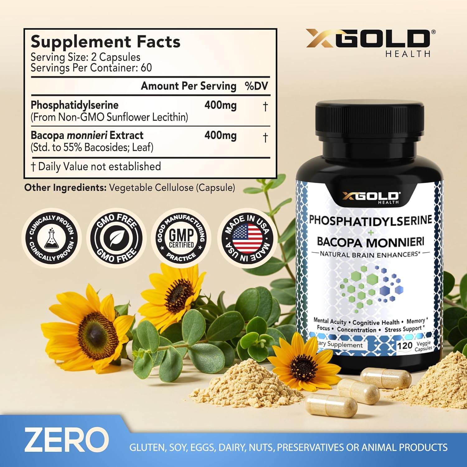 PhosphatidylSerine & Bacopa Monnieri 400 mg 2 in 1 Supplement - Natural Brain Enhancer/Nootropic for Enhanced Focus and Concentration, Memory Support, & Cognitive Function - 120 Vegetarian Capsules