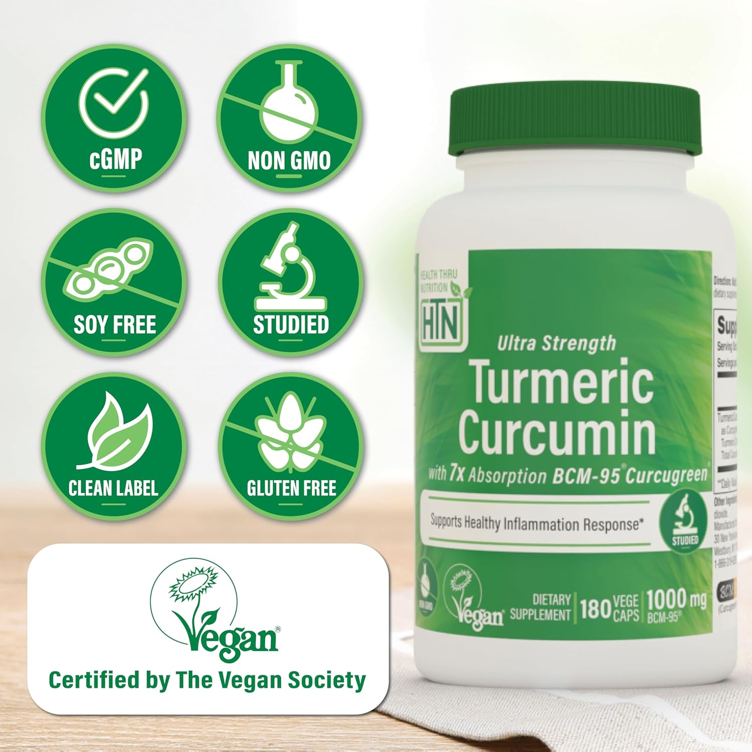 Health Thru Nutrition Turmeric Curcumin Complex 1000mg Supplement | as BCM-95 Curcugreen Clinically Studied | Vegan Certified (Pack of 180)
