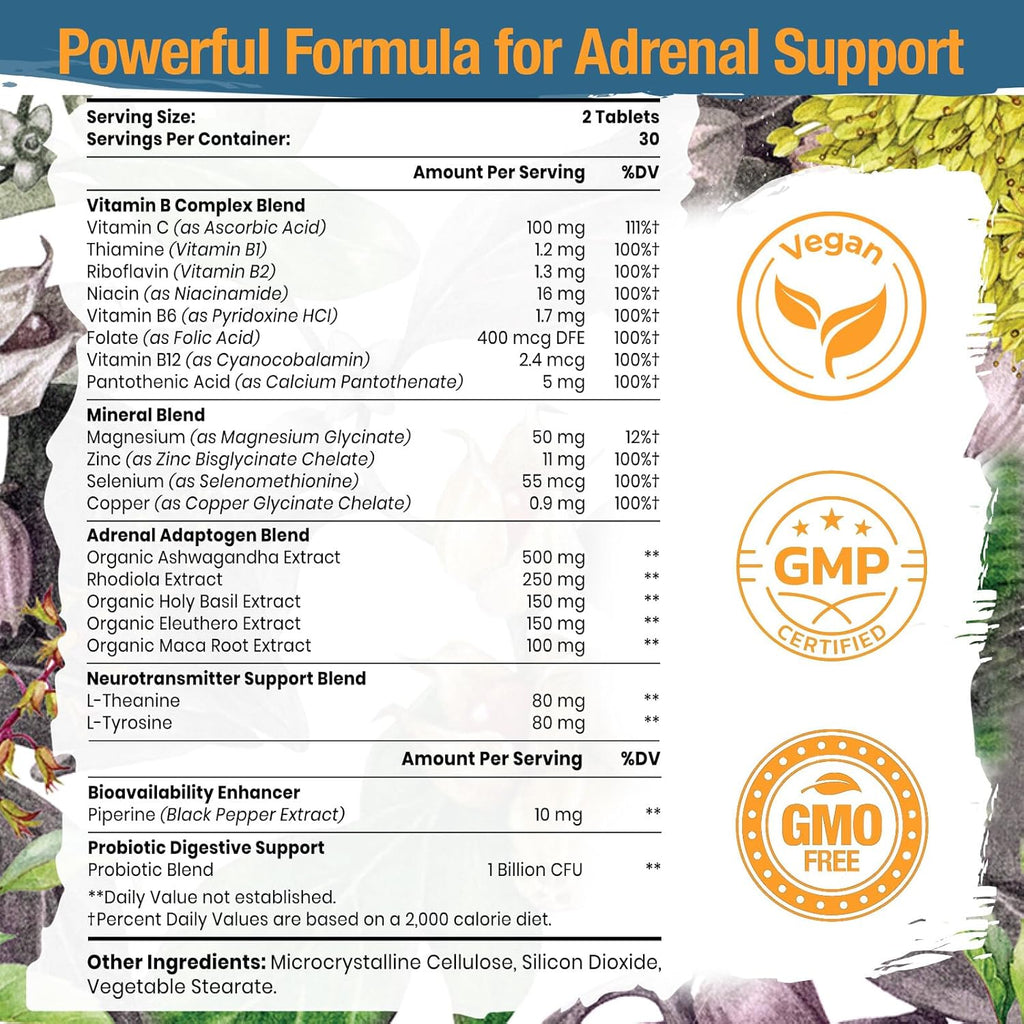 Adrenal Support Adaptogens Herbs Supplements - Cortisol Supplement with Rhodiola Rosea, Ashwagandha, Holy Basil and Eleuthero-Mood and Energy Support for Women & Men-Non-GMO, 60 Vegan Tablets