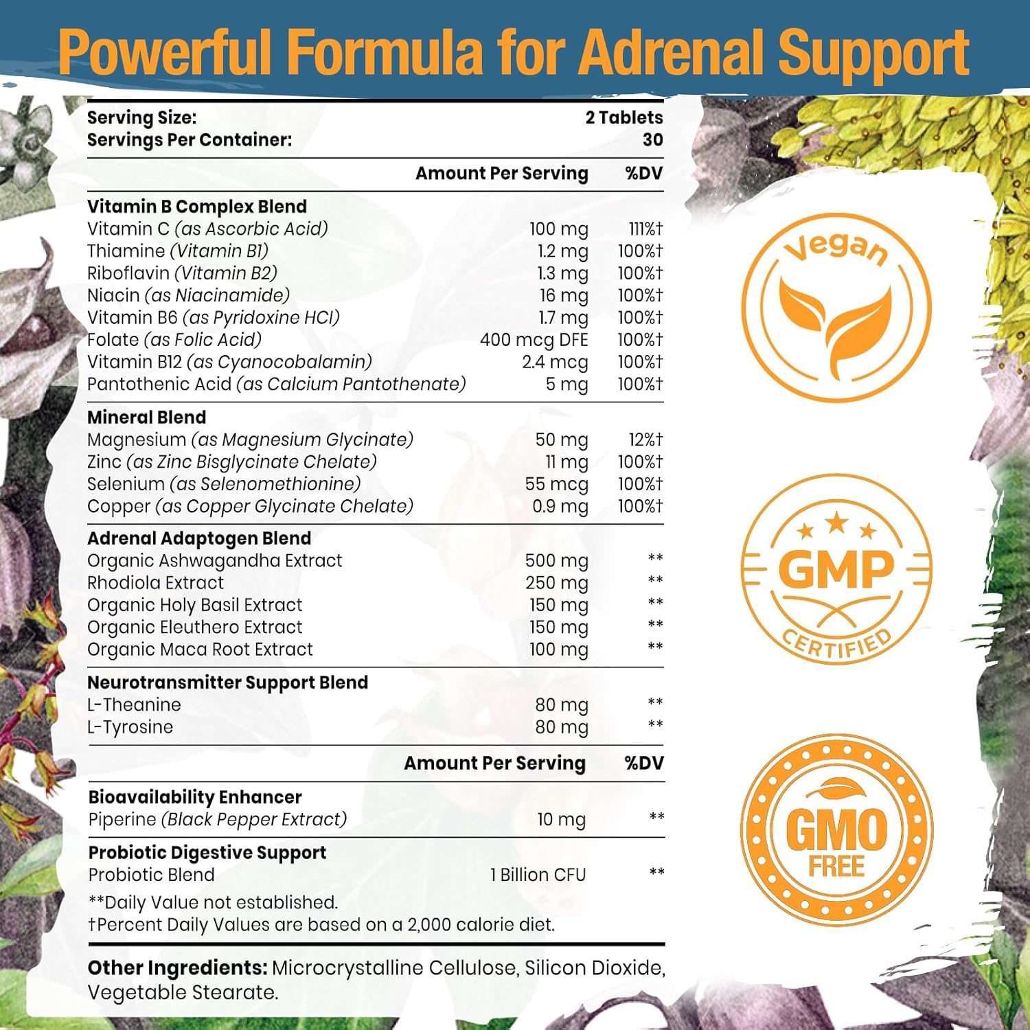 Adrenal Support Adaptogens Herbs Supplements - Cortisol Supplement with Rhodiola Rosea, Ashwagandha, Holy Basil and Eleuthero-Mood and Energy Support for Women & Men-Non-GMO, 60 Vegan Tablets