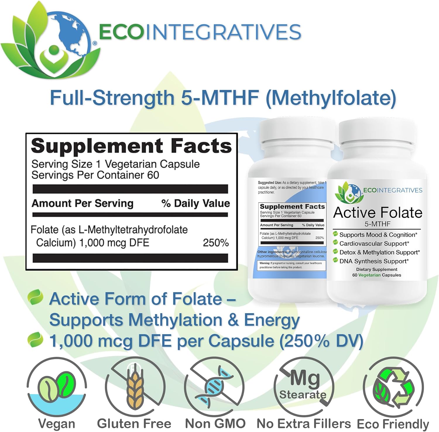 EcoIntegratives® Active Folate 5-MTHF – Methylated Folate 1000 mcg (1700 mcg DFE) – Bioavailable B9 for Mood, Methylation, Prenatal and Heart Health* – Vegan, Gluten-Free, Non-GMO – 60 Capsules
