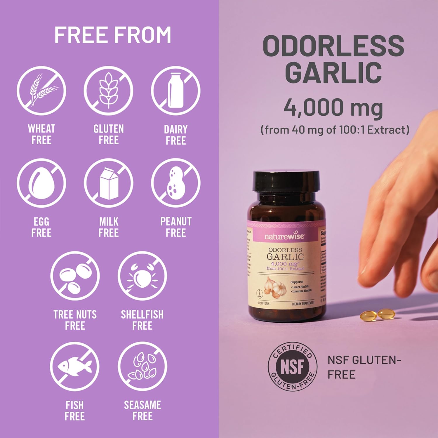 NatureWise Odorless Garlic Supplement 4000mg - Ultra Potent 100:1 Extract - Healthy Cholesterol Formula, Heart Health Support - Non-GMO, Gluten Free, with Halal Gelatin - 60 Count[30-Day Supply]