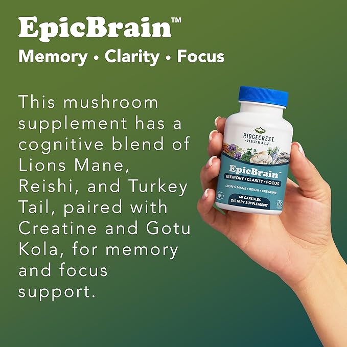 RidgeCrest Herbals EpicBrain, Natural Brain Support Supplement with Creatine Monohydrate, Lion's Mane, Reishi, Supports Mental Clarity, Memory, Focus, Stimulant-Free Nootropic (60 Count, 30 Servings)