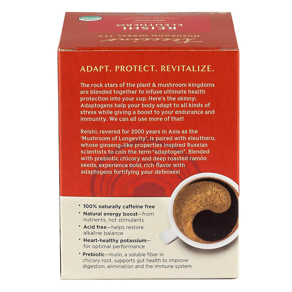 Teeccino Reishi Eleuthero Tea - French Roast - Organic Mushroom Adaptogenic Herbal Tea, 3x More Herbs than Regular Tea Bags, Caffeine Free, Chicory Prebiotic - 10 Tea Bags