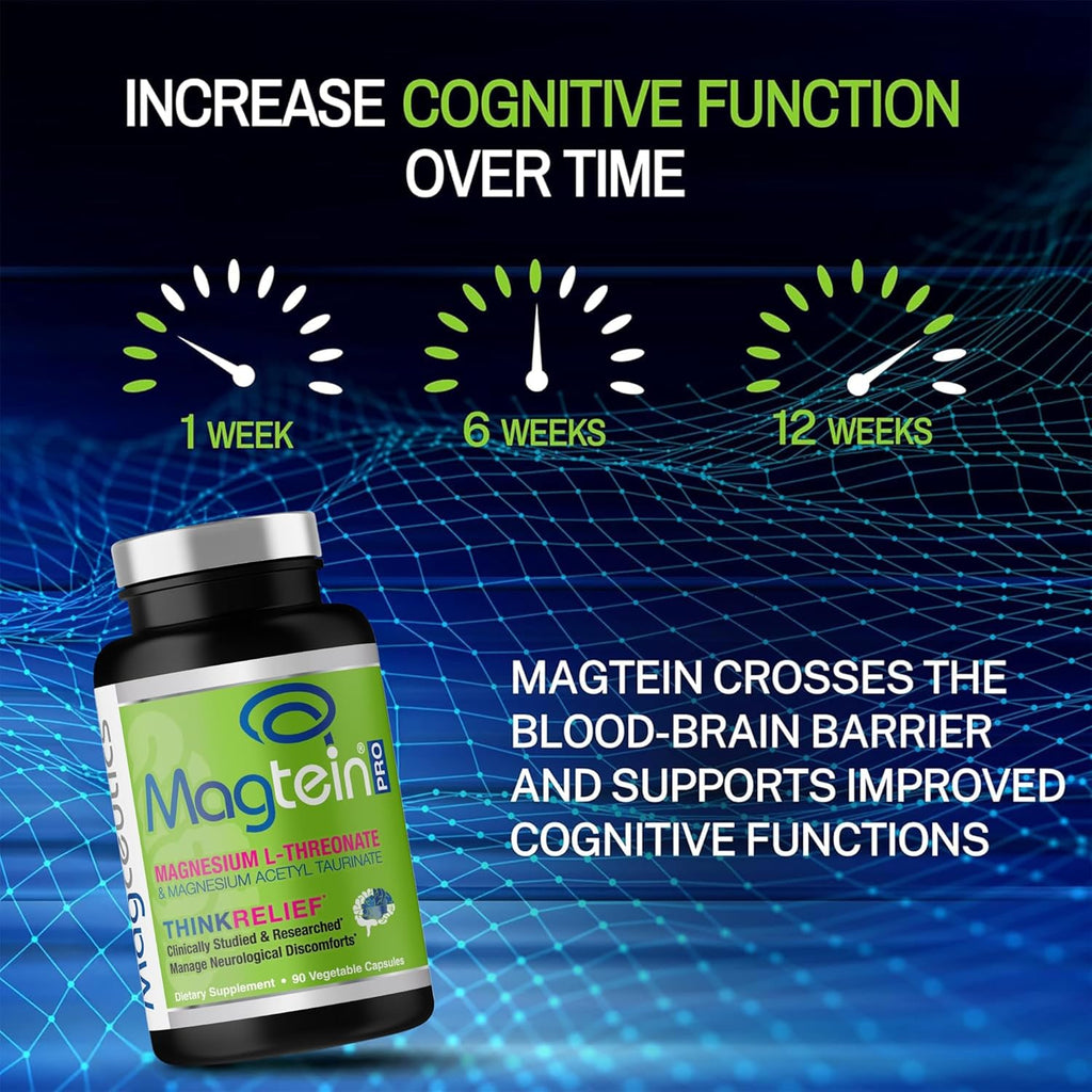 MagteinPRO - Magnesium L-Threonate & Mag Acetyl Taurinate Supplement, Memory, Sleep & Brain Health Formula for Men & Women, Cognitive Support for Adults, Clinically Studied- 90 Veg Capsules