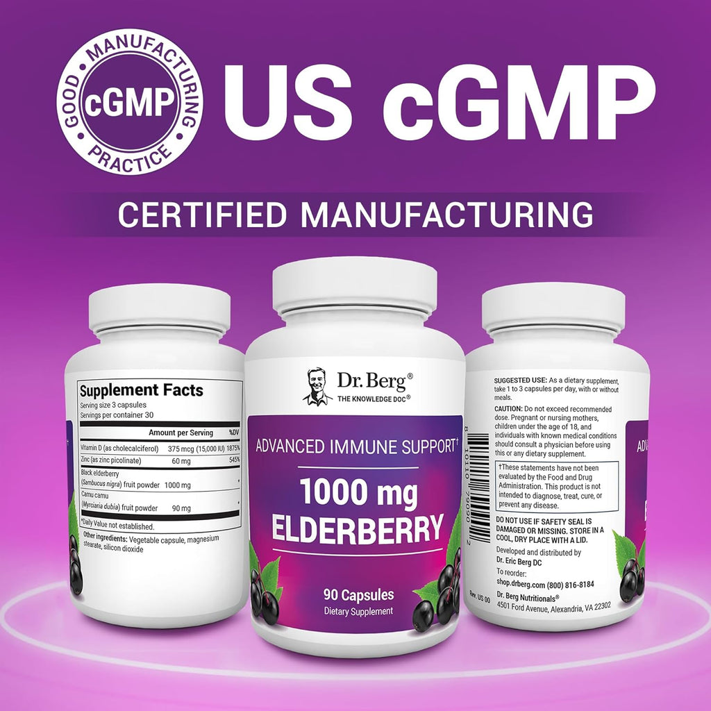 Dr. Berg Black Elderberry Capsules (Advanced Immune Support*) with 15,000 IU Vitamin D, 60 mg of Zinc, & 90 mg of Camu Camu - (4-in-1) Sambucus Elderberry Immune Support Supplement - 90 Capsules