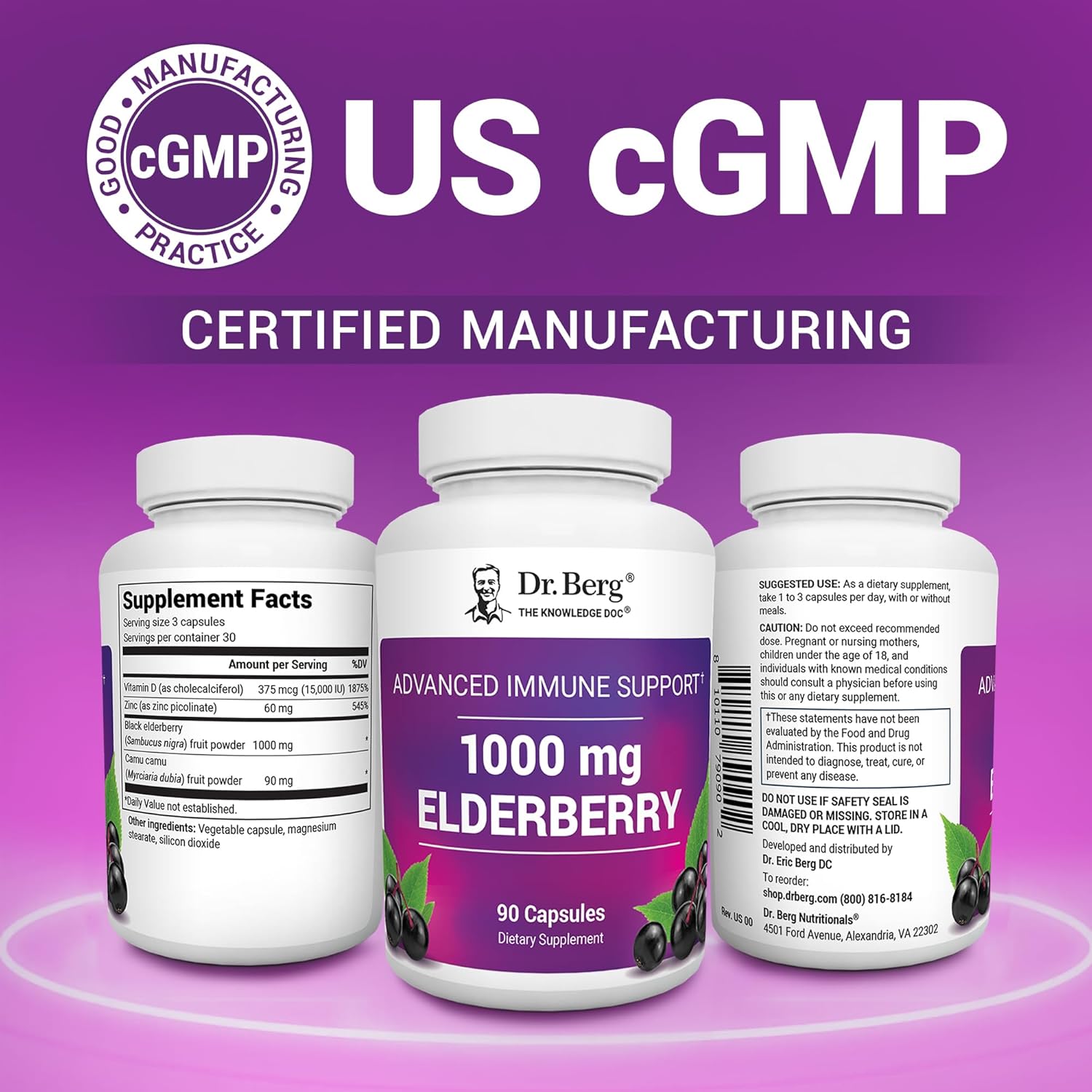 Dr. Berg Black Elderberry Capsules (Advanced Immune Support*) with 15,000 IU Vitamin D, 60 mg of Zinc, & 90 mg of Camu Camu - (4-in-1) Sambucus Elderberry Immune Support Supplement - 90 Capsules